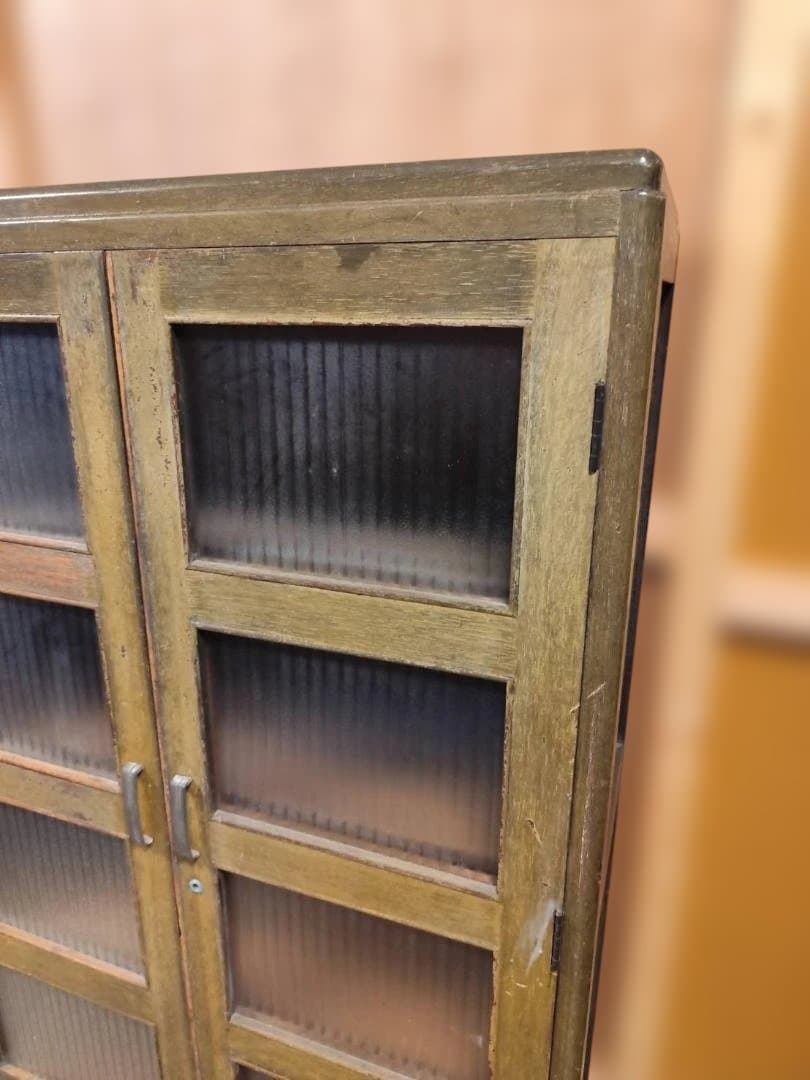 訳あり 昭和レトロ キャビネット モールガラス 収納棚 本棚 修復あり