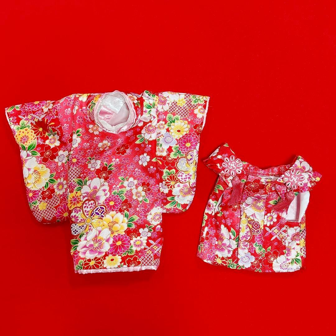 即納✨犬の着物&お被布セット 振袖 M 赤地 化繊金彩入り 七五三