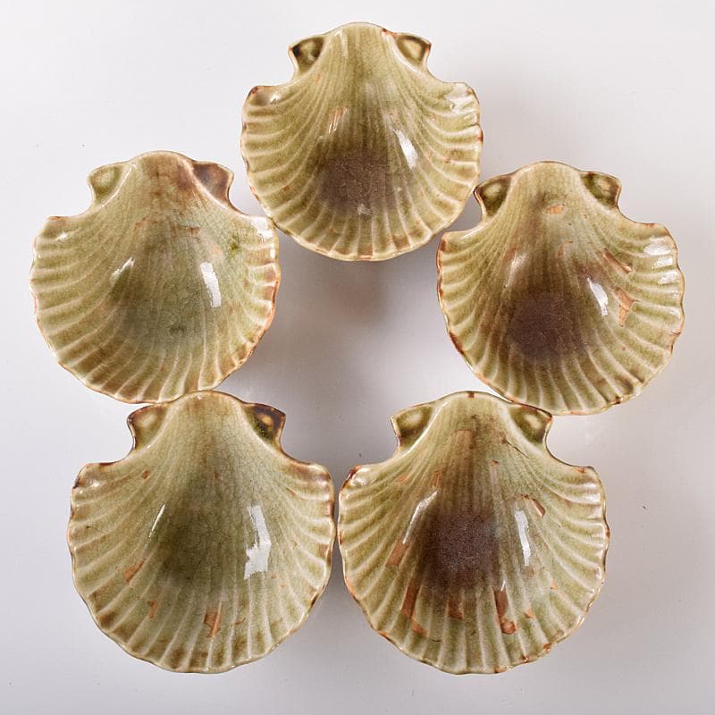 和食器　尾張　御深井焼焼　貝形向付　五客　時代箱付　M　R8097