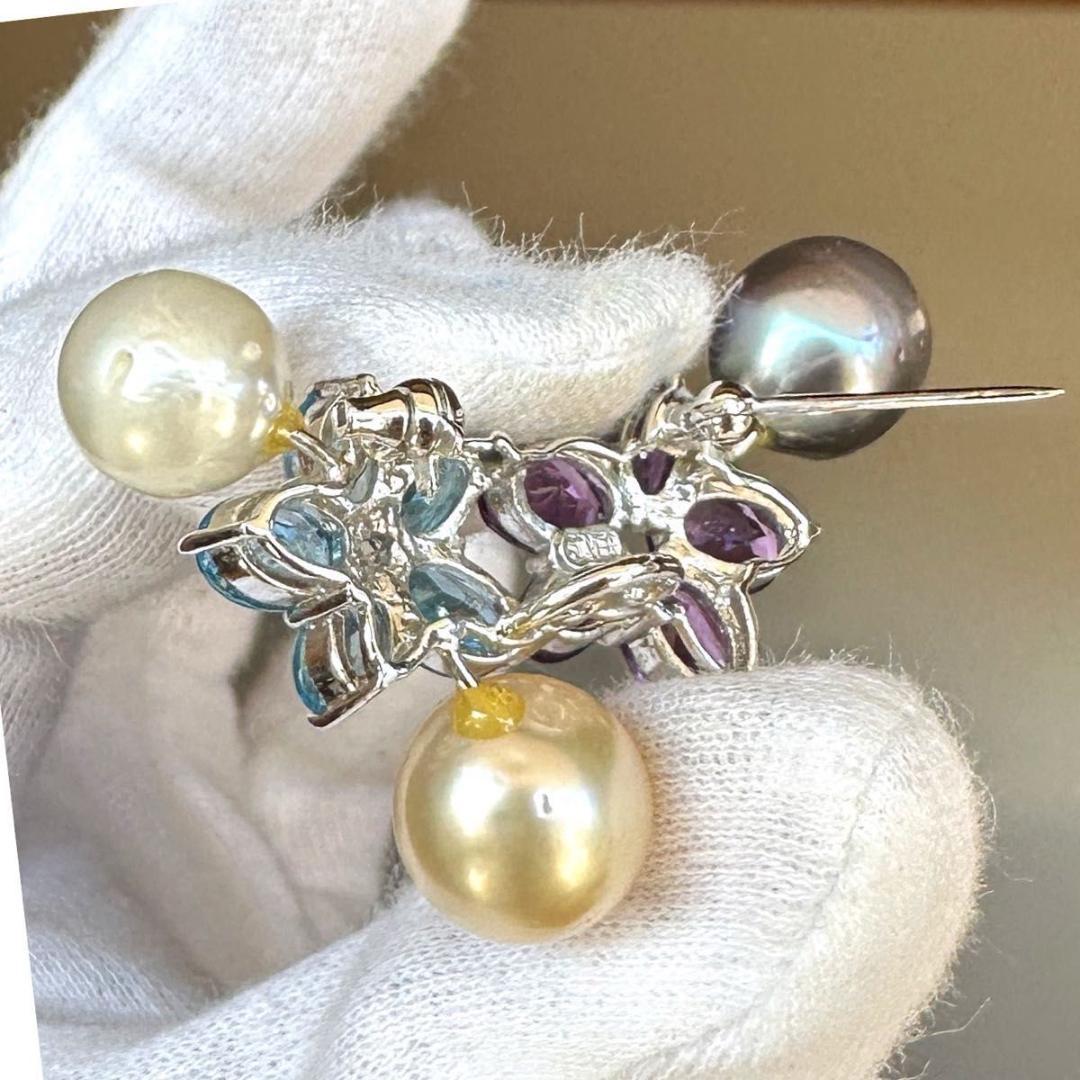 アメジスト　ブルートパーズ　パール3pcs　ブローチ　SVシルバー 10.22g