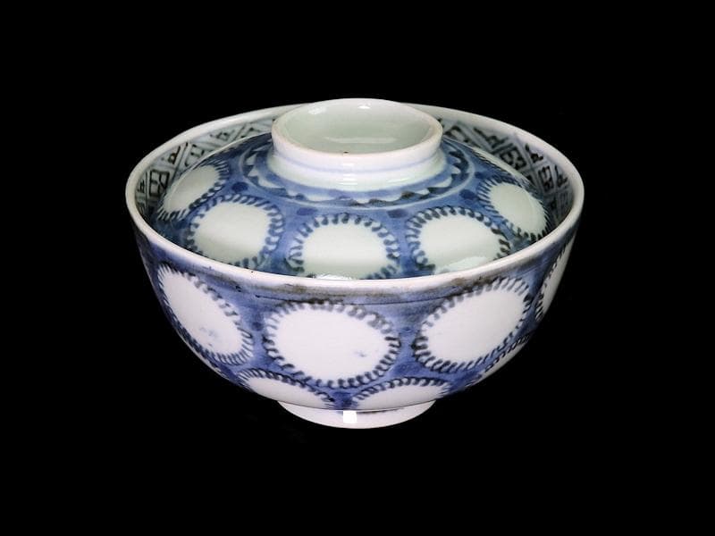 古伊万里　染付　雪輪紋の図　蓋茶碗　E857AS-fbpz