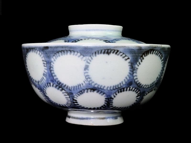 古伊万里　染付　雪輪紋の図　蓋茶碗　E857AS-fbpz