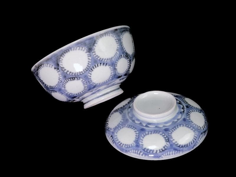 古伊万里　染付　雪輪紋の図　蓋茶碗　E857AS-fbpz