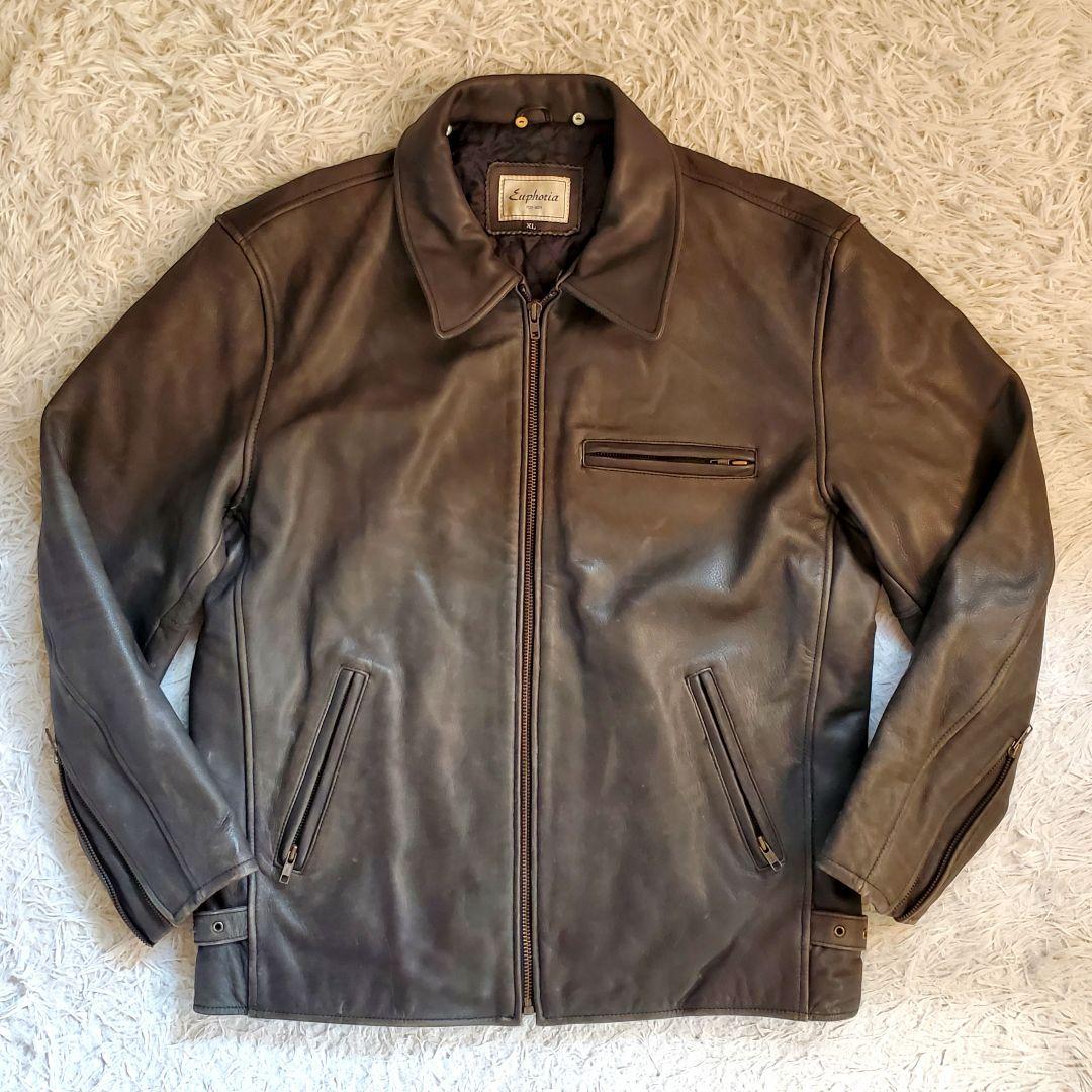 ファー付 レザージャケット 本革ライダース 裏地キルティング XL