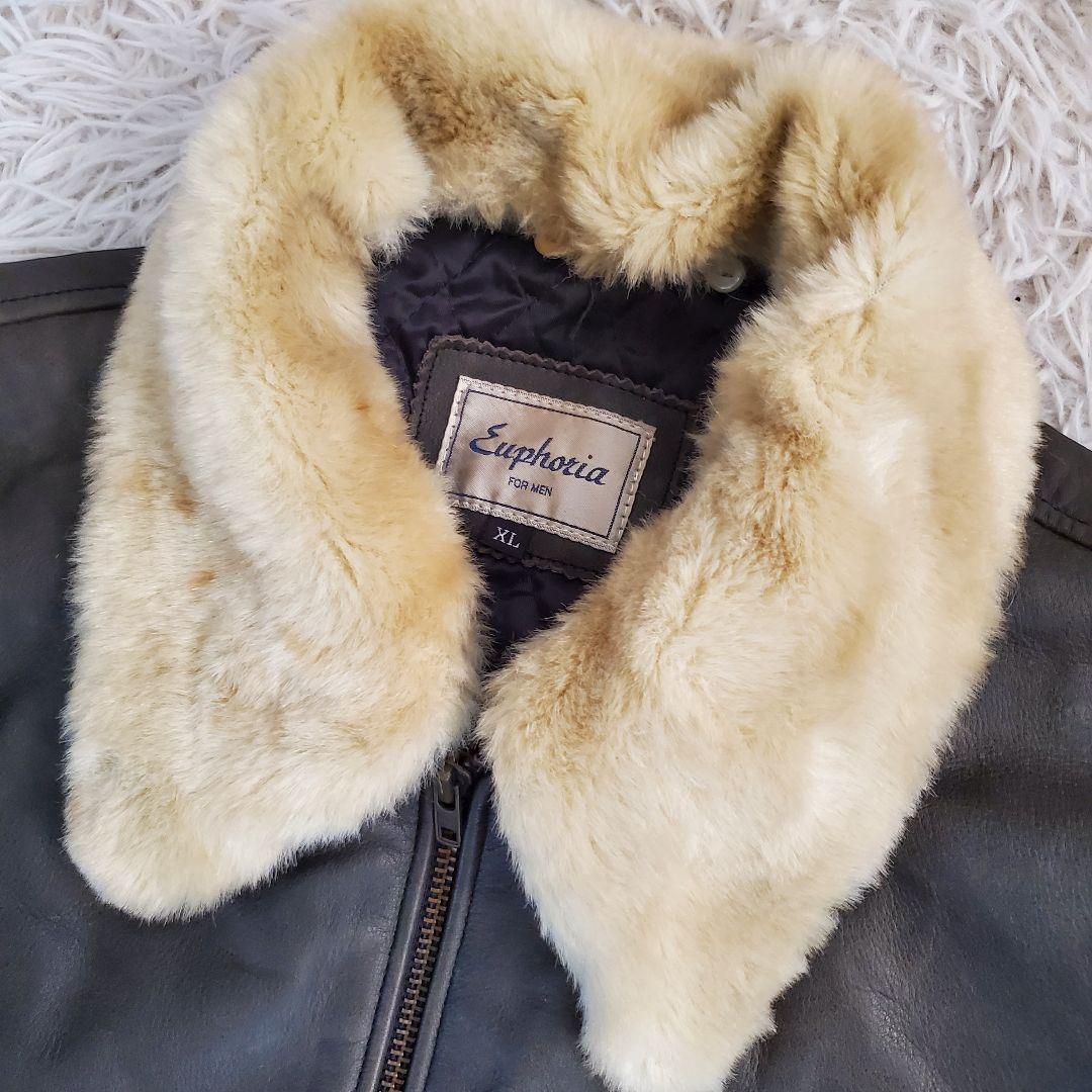 ファー付 レザージャケット 本革ライダース 裏地キルティング XL