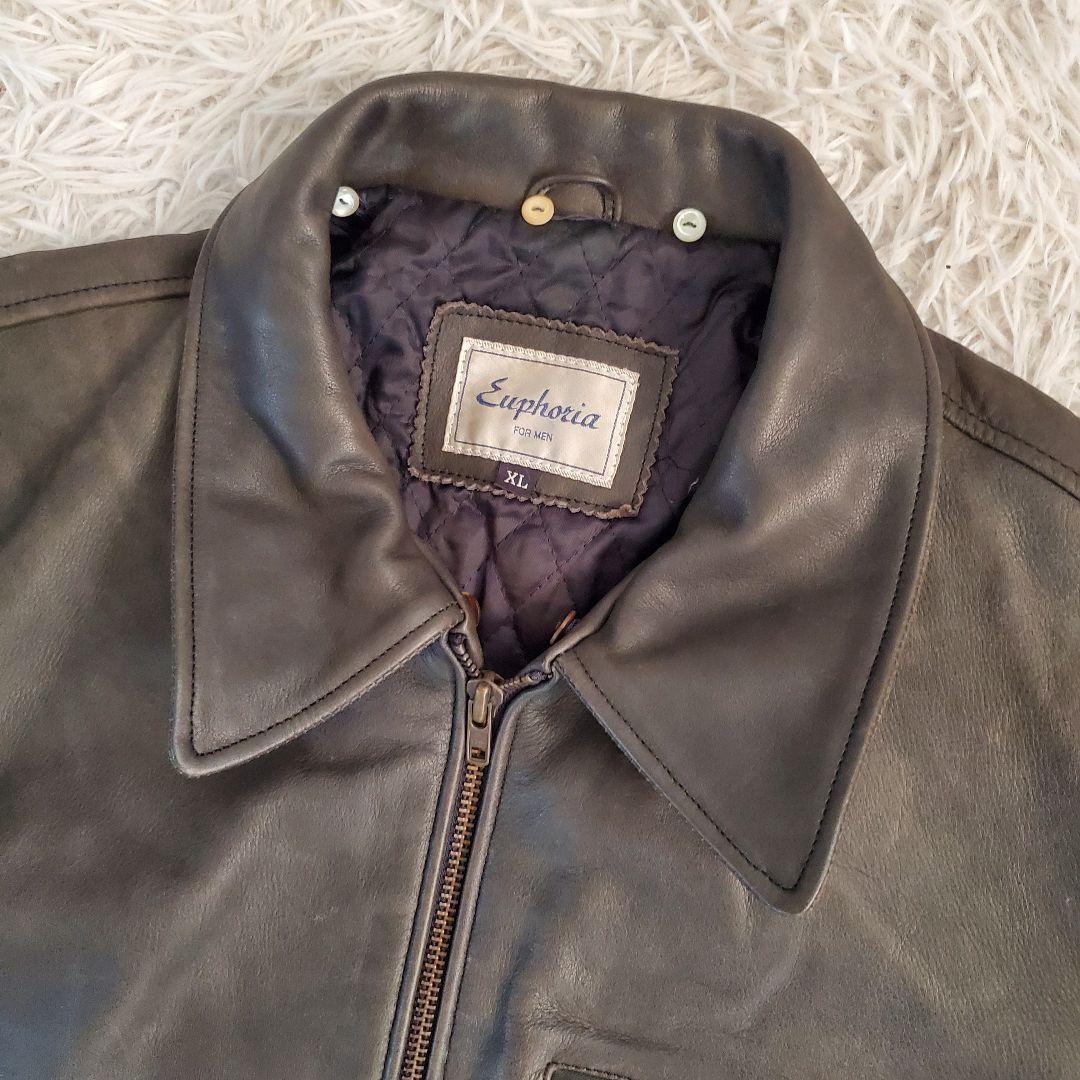 ファー付 レザージャケット 本革ライダース 裏地キルティング XL