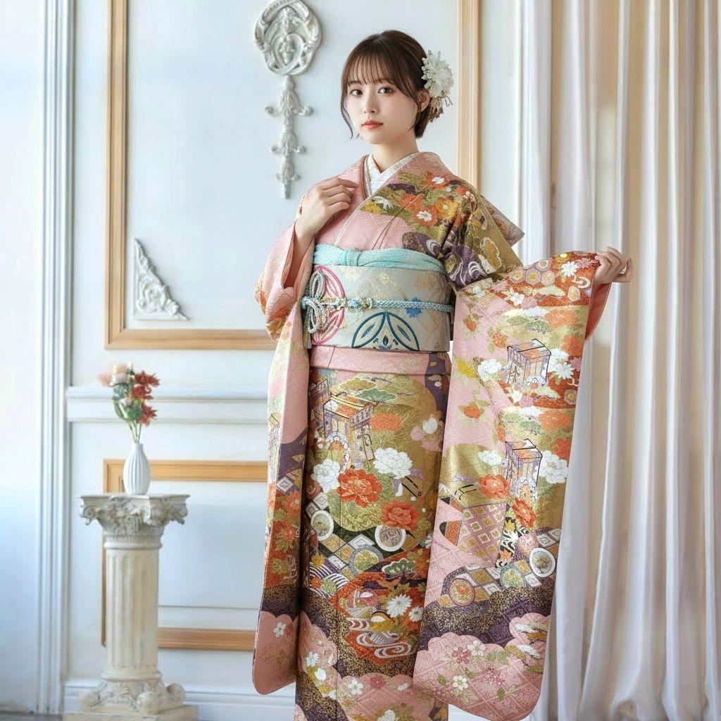 振袖フルセット(7点)・成人式・金彩加工・くすみ・ピンク・古典柄・正絹