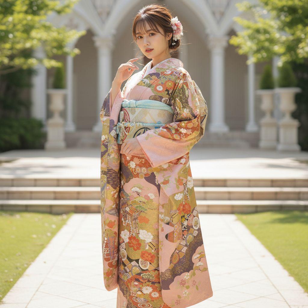 振袖フルセット(7点)・成人式・金彩加工・くすみ・ピンク・古典柄・正絹