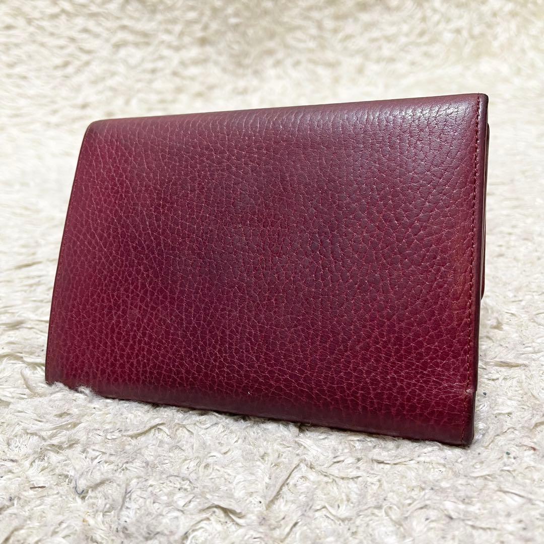 【良品】カルティエ　三つ折り財布　がま口　レザー　ボルドー　ゴールド金具