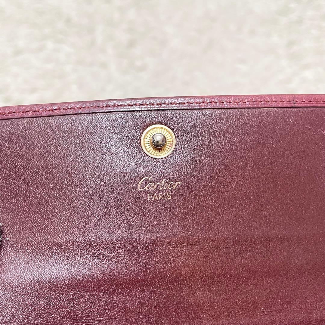 【良品】カルティエ　三つ折り財布　がま口　レザー　ボルドー　ゴールド金具