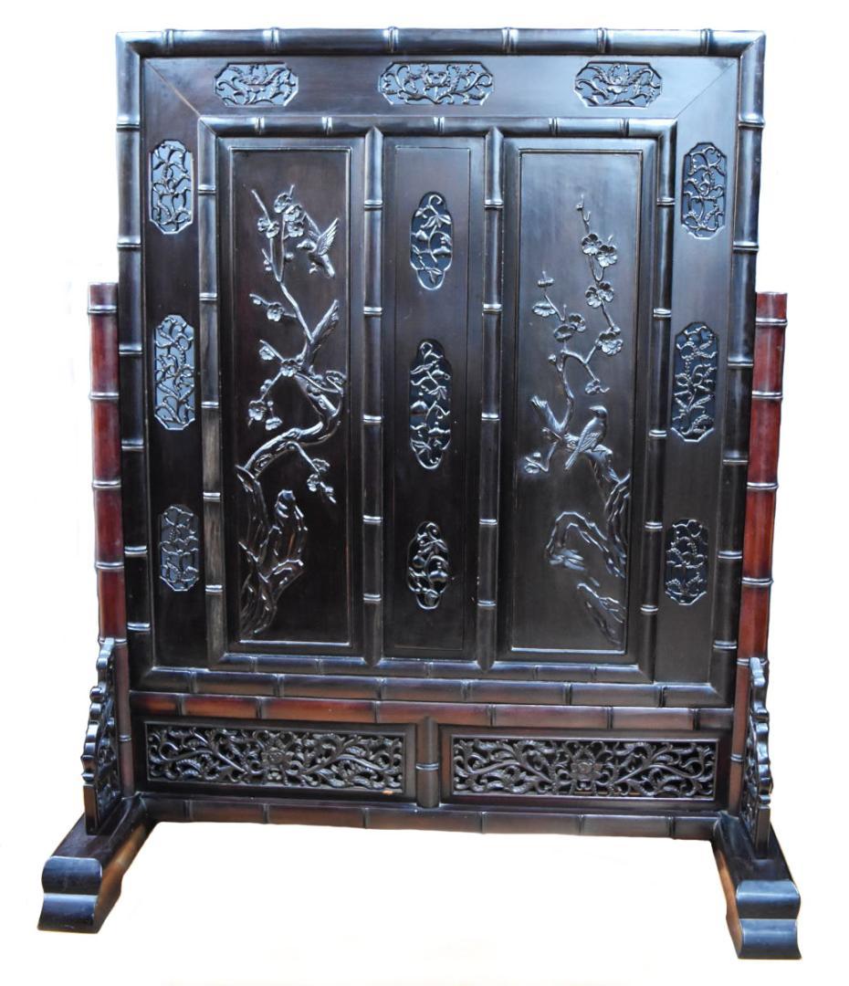 中国民国時代 微細花鳥透かし彫紫檀屏風 古唐木 竹節 一点もの WWWT042