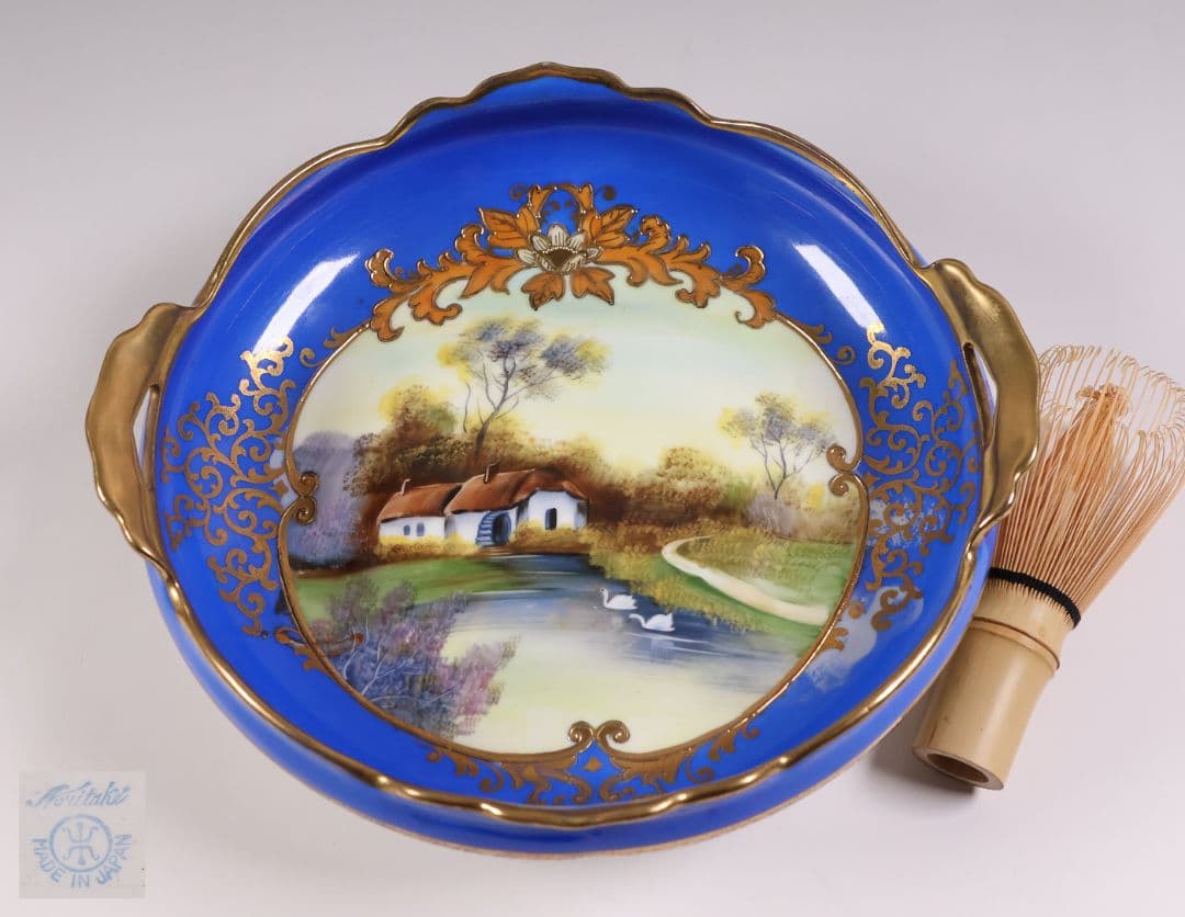 【CM310】オールドノリタケ 風景 白鳥 三足鉢 皿 湖畔 金盛 青 明治