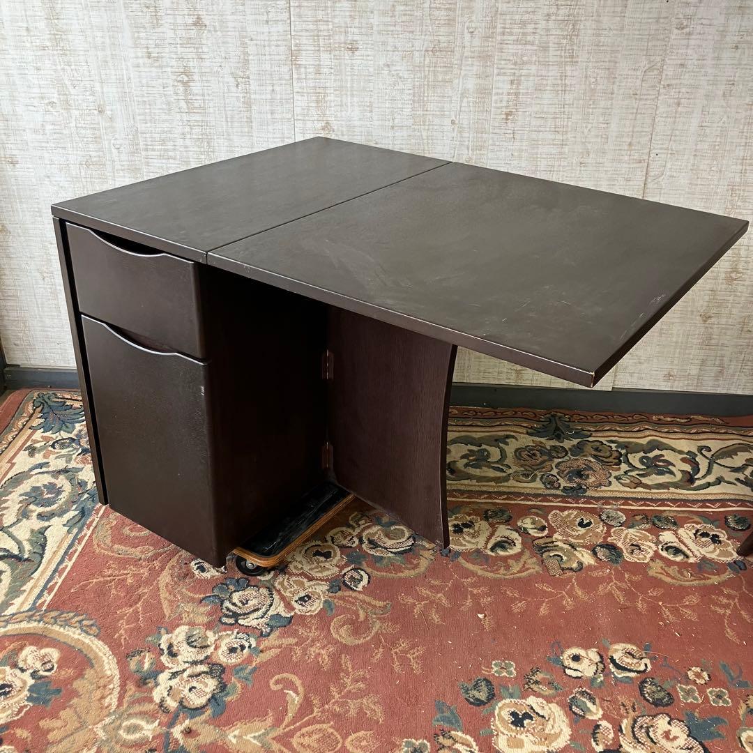 北欧レトロ 木製 大型バタフライテーブル ダイニングテーブル 引き出し収納付