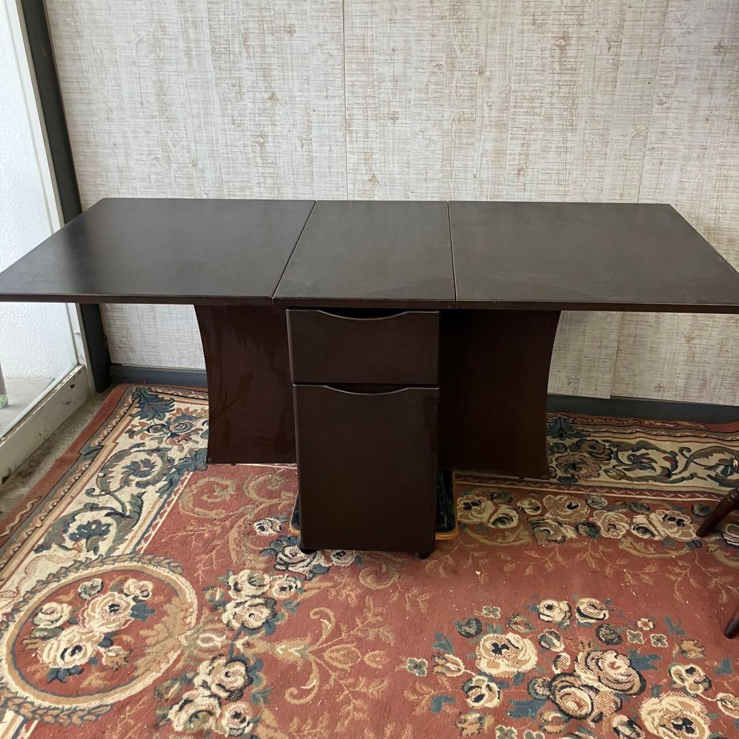 北欧レトロ 木製 大型バタフライテーブル ダイニングテーブル 引き出し収納付