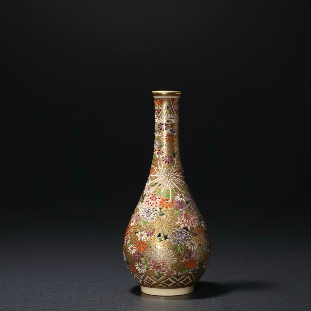 薩摩　鶴首菊図花瓶　金襴手　錦正　共箱　R1484ダN