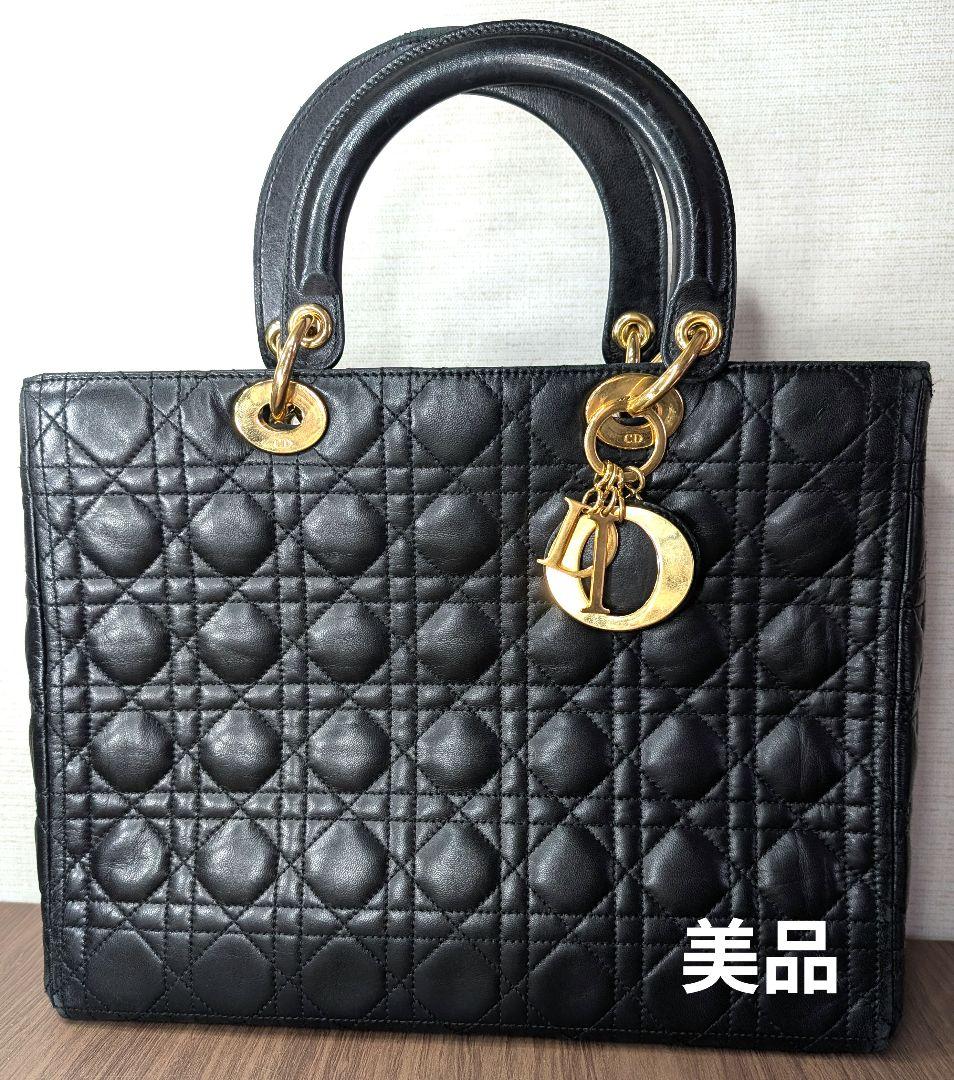 美品 ディオール レディディオール カナージュ レザー ハンドバッグ 黒