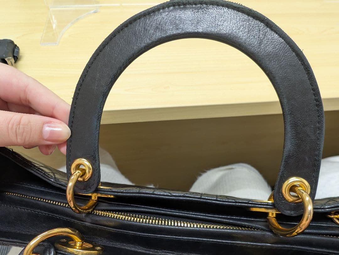 美品 ディオール レディディオール カナージュ レザー ハンドバッグ 黒