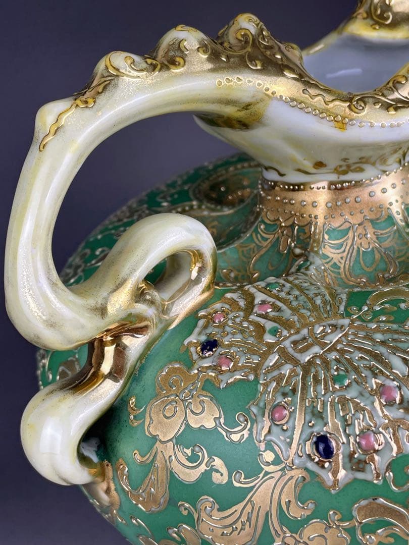 【美品】オールドノリタケ ジュエル 翠地金盛り蝶 薔薇紋花瓶 ジュール エナメル