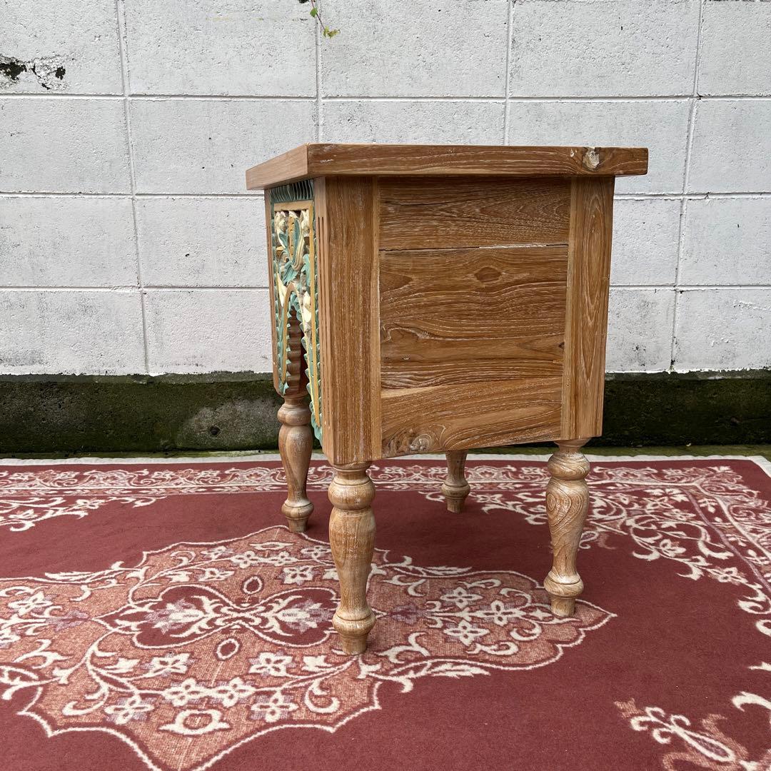 木製無垢材 チーク材◾️彫刻デザイン サイドテーブル 飾り台 花台 ディスプレイ台