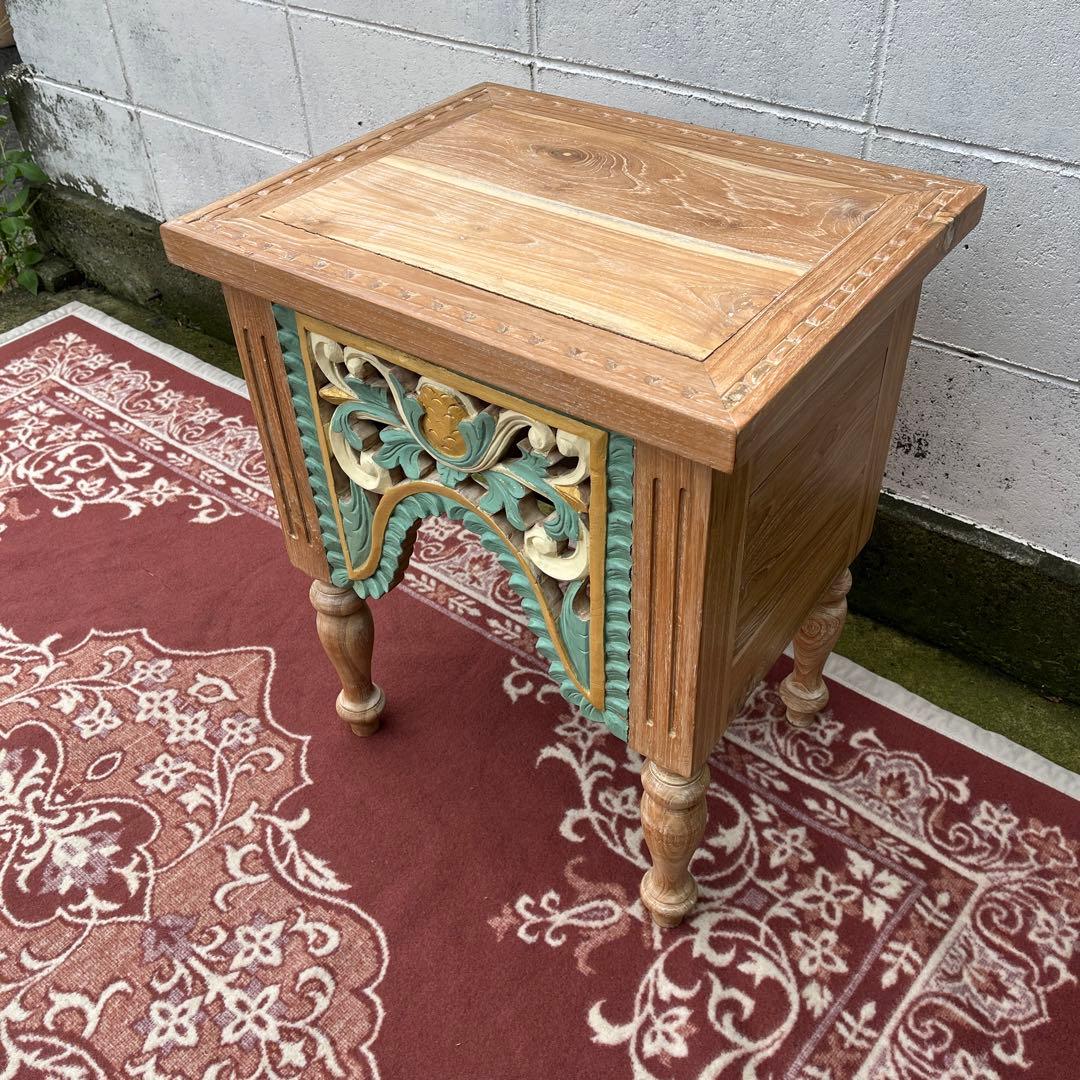 木製無垢材 チーク材◾️彫刻デザイン サイドテーブル 飾り台 花台 ディスプレイ台