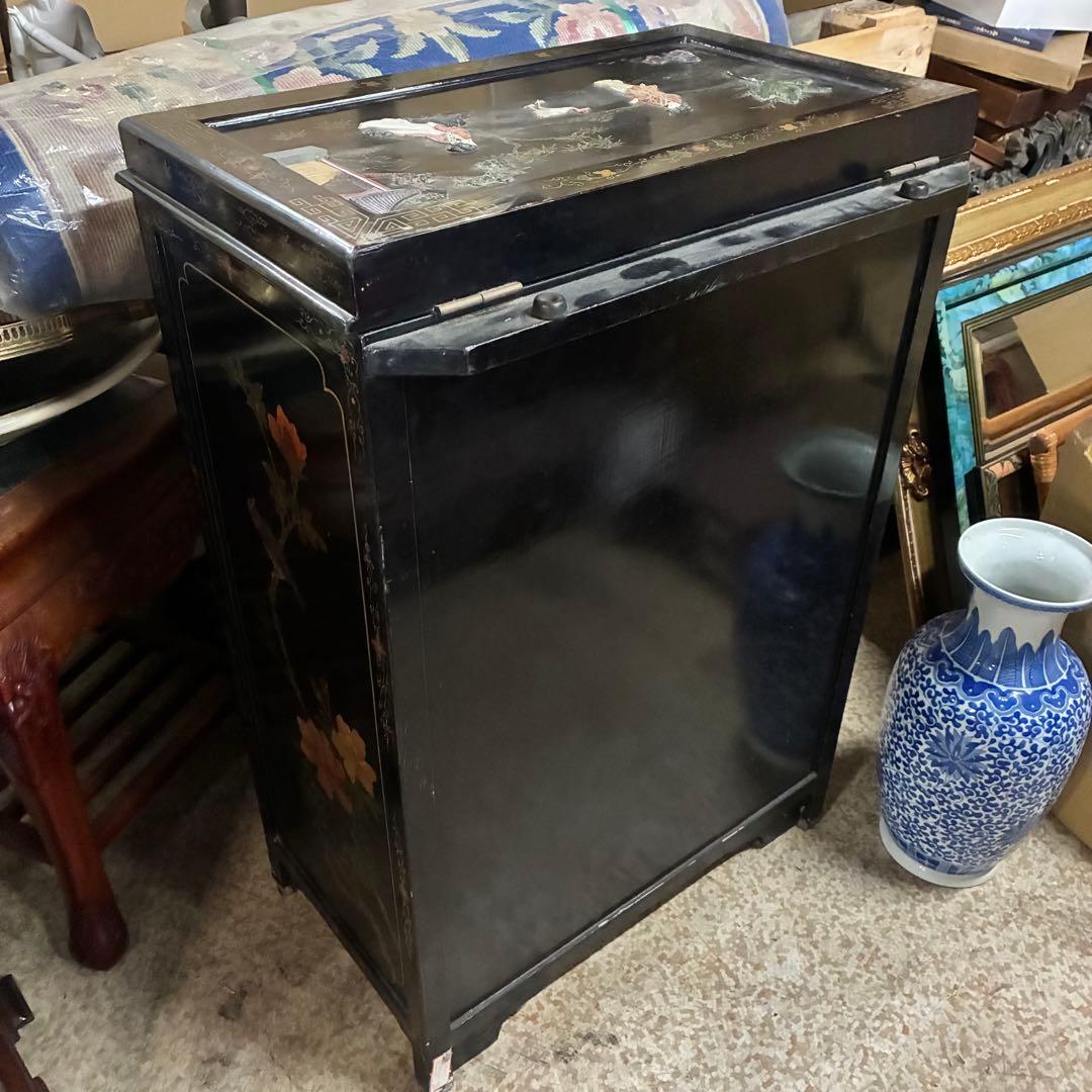 中国箪笥 黒漆 玉石細工 唐子 女官 花鳥図 中国美術 中国古玩 アンティーク