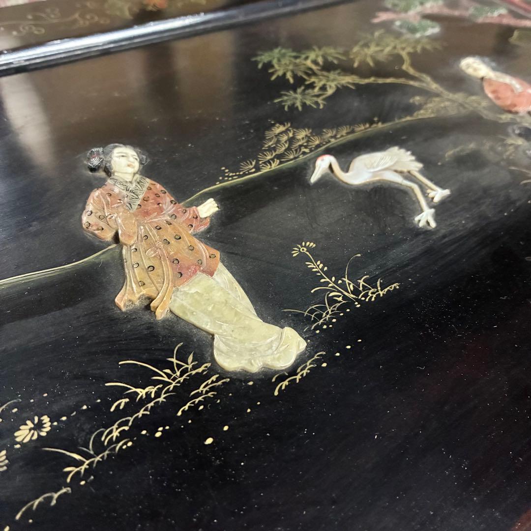 中国箪笥 黒漆 玉石細工 唐子 女官 花鳥図 中国美術 中国古玩 アンティーク