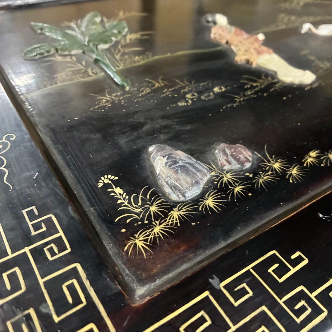 中国箪笥 黒漆 玉石細工 唐子 女官 花鳥図 中国美術 中国古玩 アンティーク