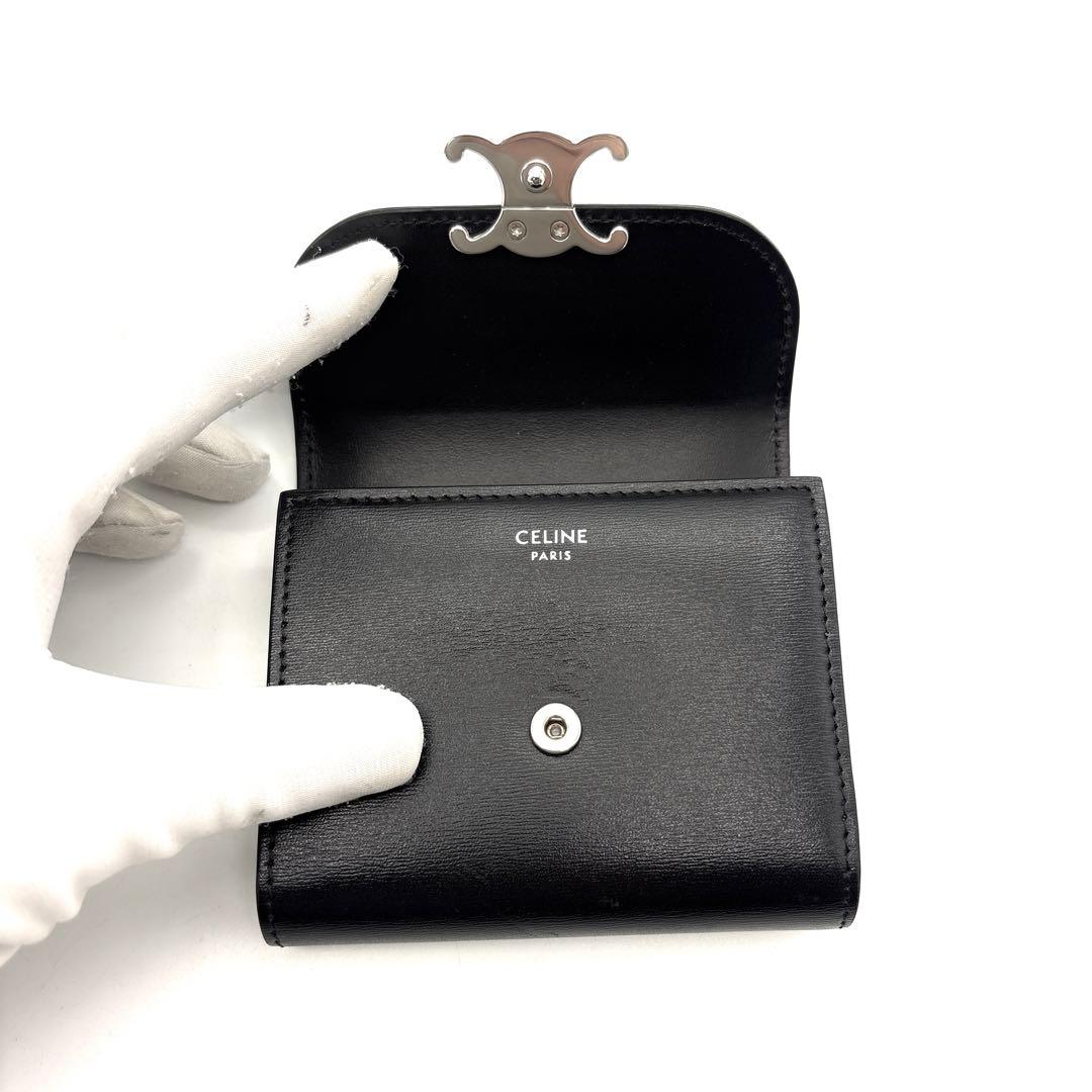 未使用級◆CELINE 三つ折り財布 トリオンフ シルバーロゴ ブラック