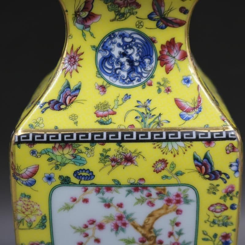 清乾隆琺瑯彩飄花黄地花鳥四方瓶 景徳鎮 陶磁器 装飾品 現代工芸品 美術品 置物