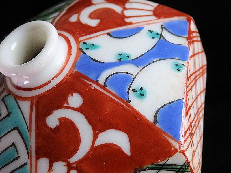 伊万里　瀬戸　色絵　幾何学紋の図　油壷　E421A-fbkn