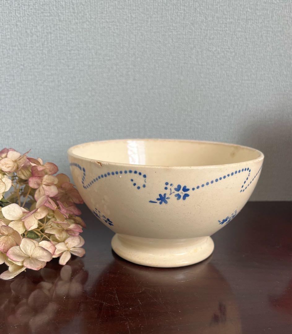 フランスアンティーク　カフェオレボウル レア　特大　青い花　ステンシル