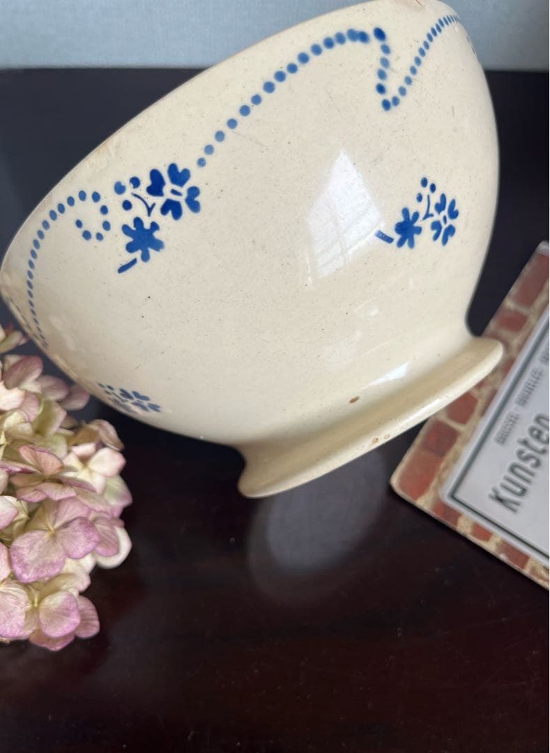 フランスアンティーク　カフェオレボウル レア　特大　青い花　ステンシル