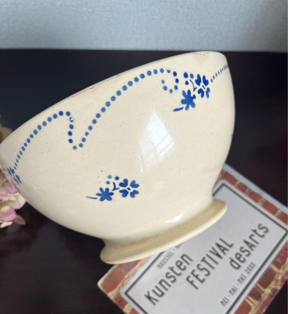 フランスアンティーク　カフェオレボウル レア　特大　青い花　ステンシル