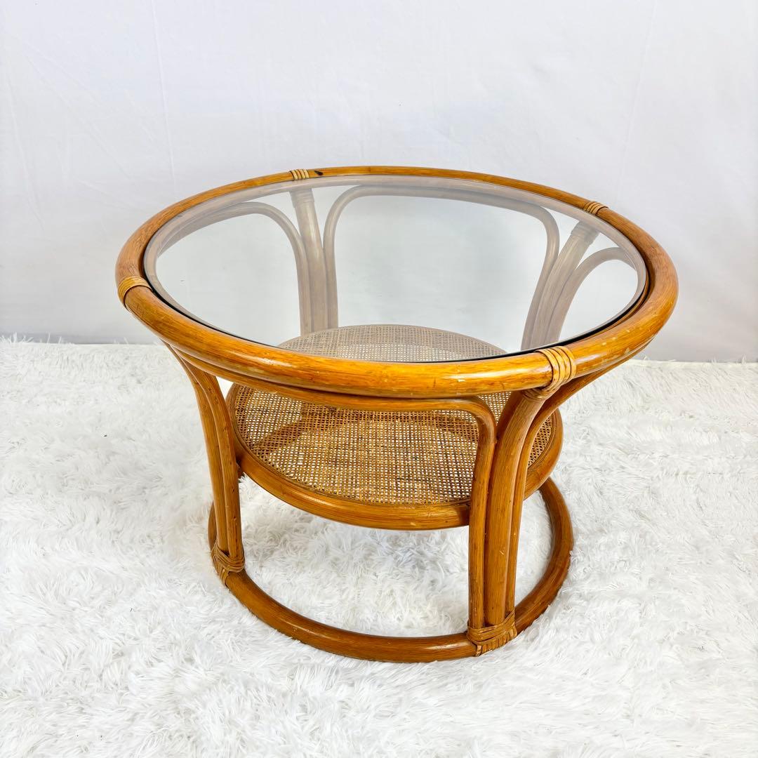 『送料無料』　ラタン　籐　ガラステーブル