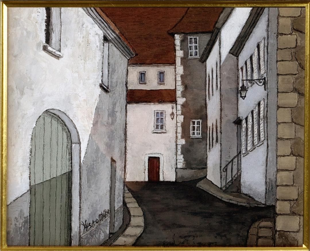 特別値引/有名国際展作家「サンセールの小路」風景画/アクリル/油彩/小原雅夫