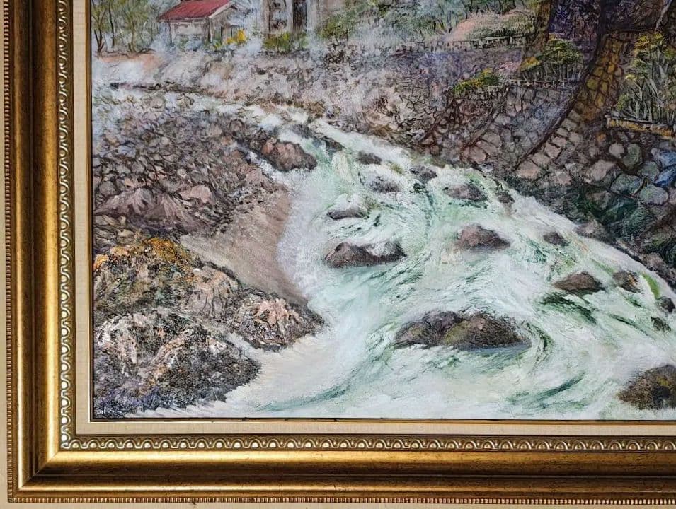 ​大型 F30号 木製額縁 油彩 風景画 温泉街 湯治場 レトロ アンティーク