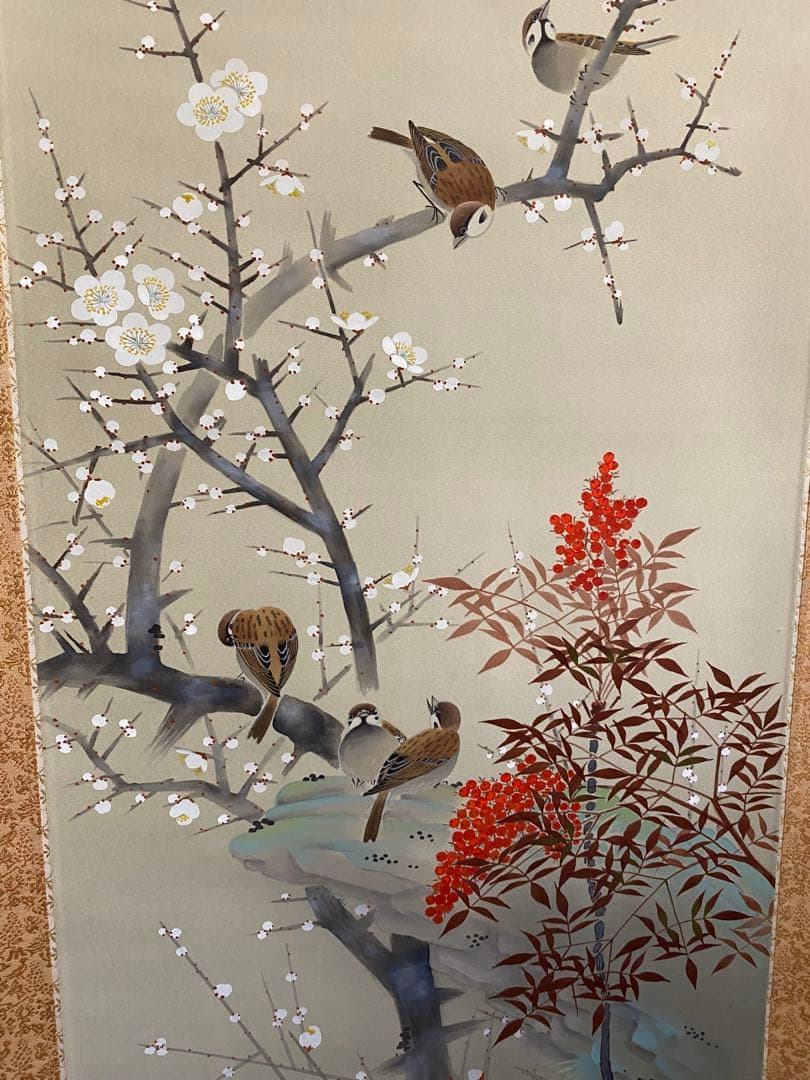 古美術 掛軸 隆大作 白梅花雀　共箱付 花鳥画