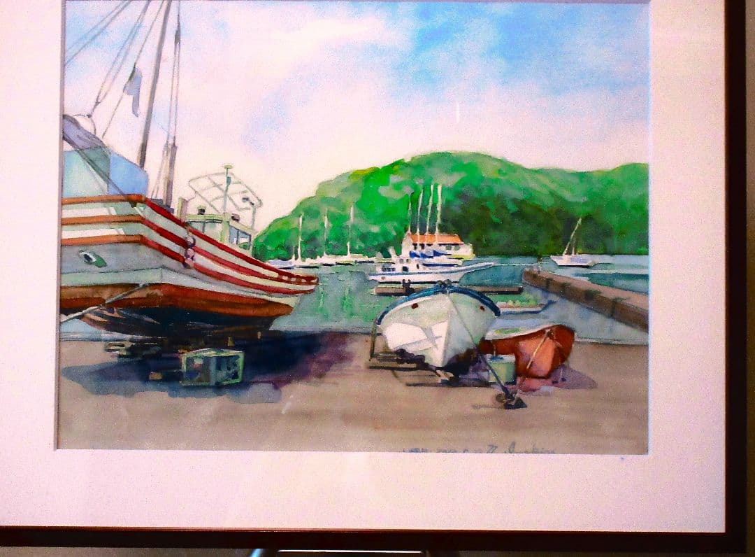 水彩画 陸揚げ船(原画)額装付き