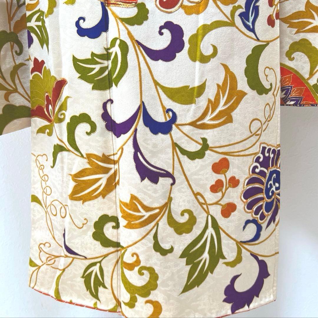 363 振袖フルセット 正絹 ベージュ オレンジ 金彩 駒刺繍 レトロ 花唐草