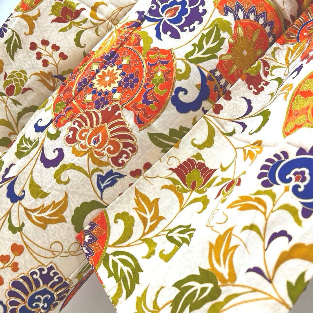 363 振袖フルセット 正絹 ベージュ オレンジ 金彩 駒刺繍 レトロ 花唐草