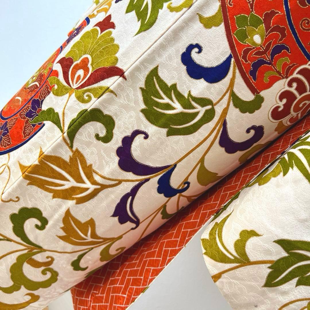 363 振袖フルセット 正絹 ベージュ オレンジ 金彩 駒刺繍 レトロ 花唐草