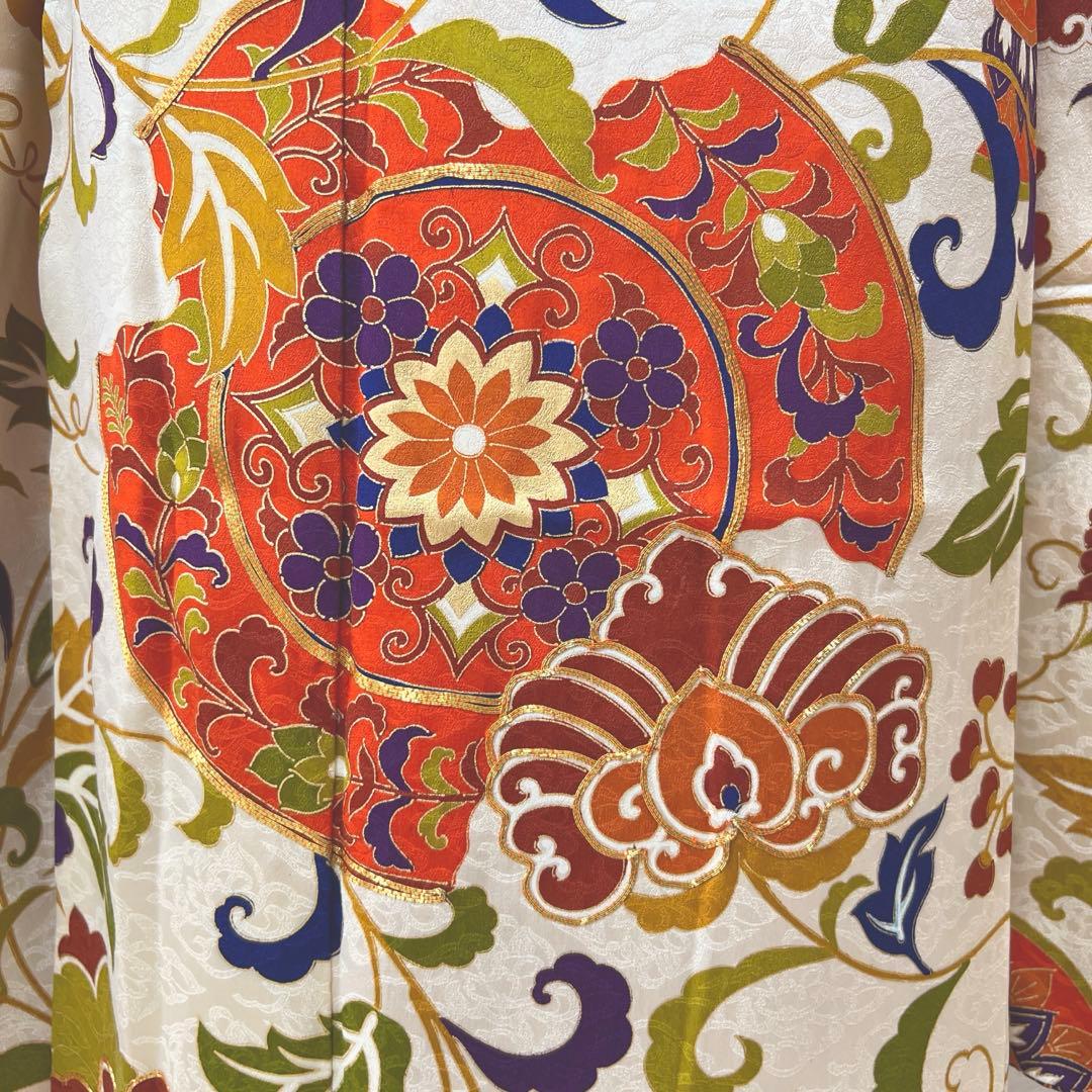 363 振袖フルセット 正絹 ベージュ オレンジ 金彩 駒刺繍 レトロ 花唐草
