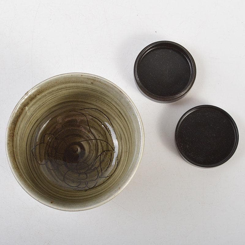 茶道具　黒漆　花蒔絵　桑茶箱　茶碗　棗など　六点一式　仕覆付　共箱　MR7276