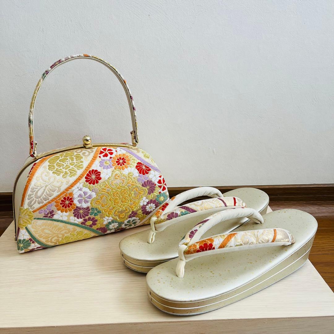 【美品】振袖用バッグ　草履　成人式　振袖　西陣織　正絹　Ｌサイズ