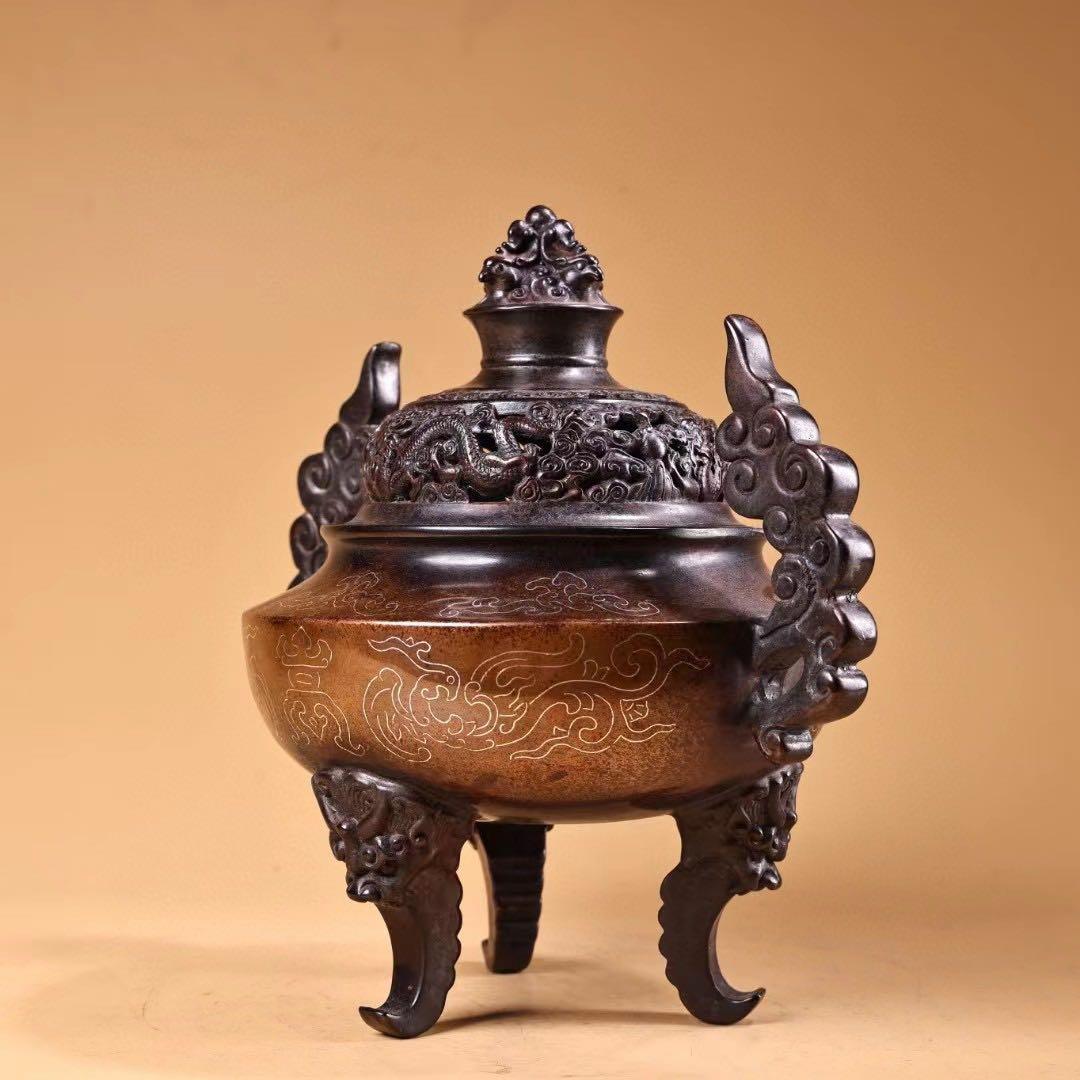 珍品  旧蔵収  精銅  全銅  紫銅  象嵌銀糸 薫香炉