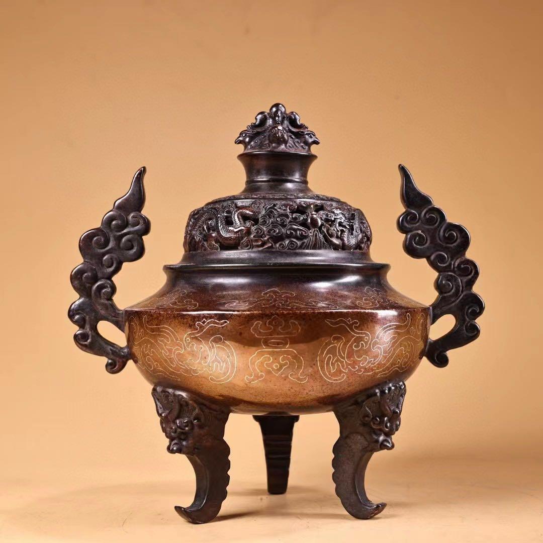 珍品  旧蔵収  精銅  全銅  紫銅  象嵌銀糸 薫香炉