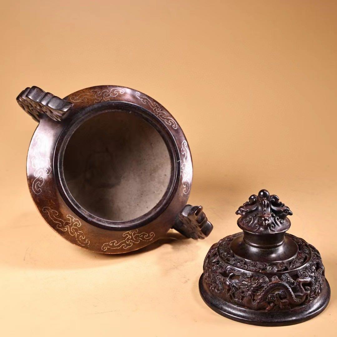 珍品  旧蔵収  精銅  全銅  紫銅  象嵌銀糸 薫香炉