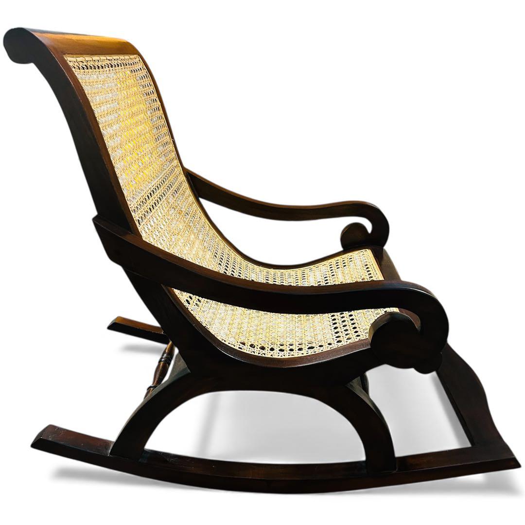 【引き取り限定】ロッキングチェア 木製 チーク×ラタン （藤）ゆったり座れます