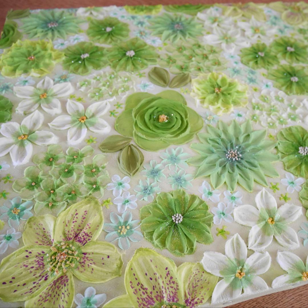 緑系 立体 花柄　アクリルアート テクスチャーアート ボタニカル 緑の花柄