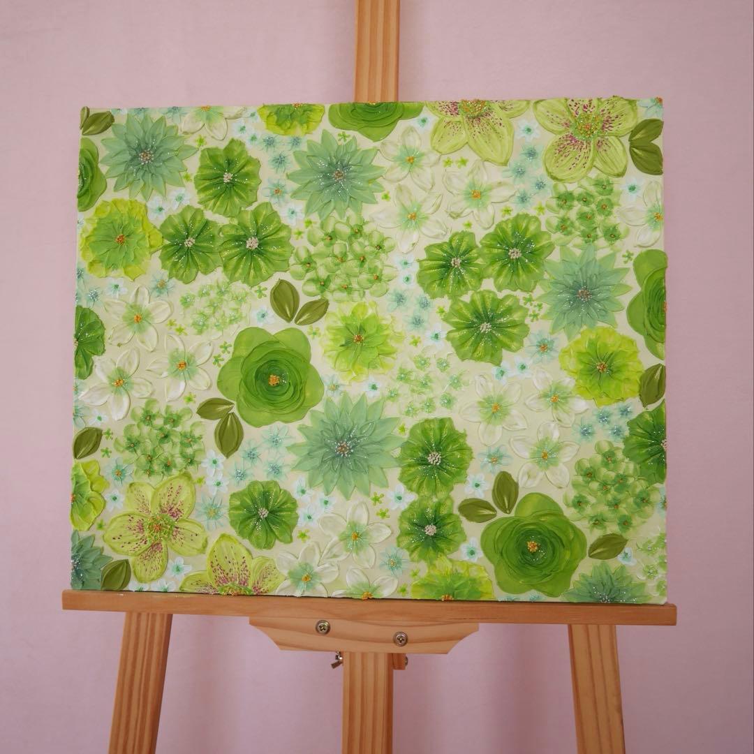 緑系 立体 花柄　アクリルアート テクスチャーアート ボタニカル 緑の花柄